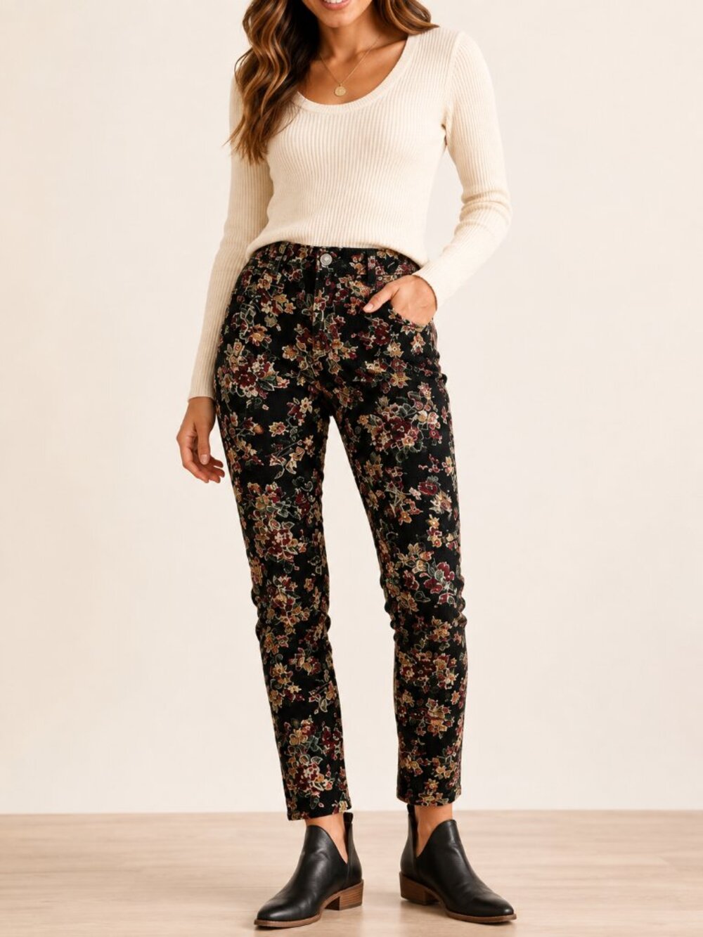 Free People Black Floral Corduroy Pants 28 High Rise Boho Fall Ankle
